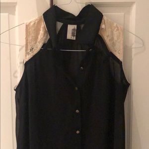 Black sheer blouse with tan lace detail